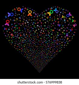 Care Award fireworks with heart shape. Vector illustration style is flat bright multicolored iconic symbols on a black background. Object love heart constructed from random pictographs.