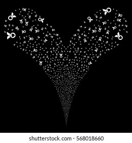 Care Award fireworks stream. Vector illustration style is flat white iconic symbols on a black background. Object double fountain organized from random icons.