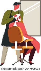Care for beard and hair, isolated barber specialist working on senior man appearance and look. Barbershop hairstylist, hairdressers professional job on clients. Vector in flat style illustration