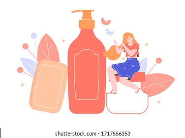 Care for the beauty and health of hair. The girl with a magnificent hairdress sits on a jar of cream. Shampoo and soap. Vector flat illustration.