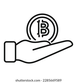 Vector de contorno de icono de bitcoin de cuidado. Dinero criptográfico. Pago financiero