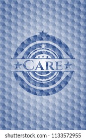 Care blue emblem with geometric background.