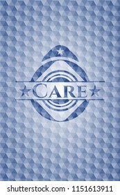 Care blue emblem with geometric pattern.