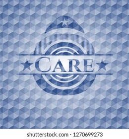 Care blue emblem with geometric pattern background.