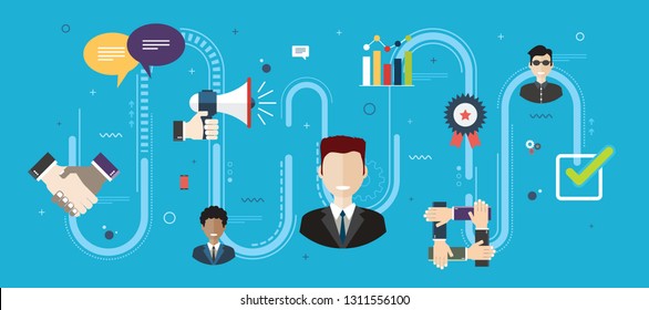Care in business management and quality of service delivery. Evaluation and after sales support of the product purchase. Customer relationship concept with icons in flat design vector illustration.