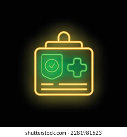 Vector de contorno de icono de tarjeta de cuidado. Seguro médico. Color del neón del paciente de medicina aislado en negro