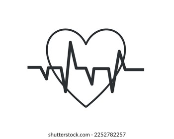 Icono de cardiograma de cuidado negro. Pulso sobre el fondo del corazón, la salud. Examen médico y seguro médico. Elemento gráfico para sitio web, interfaz. Dibujo vectorial plano de dibujos animados