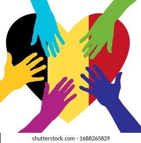 Care and charity concept - hands on the Belgium Flag Heart. Patriotic concept. People raising their hands to become volunteers. The concept of big problems because of the coronavirus pandemic.