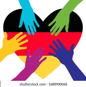 Care and charity concept - hands on the Germany Flag Heart. Patriotic concept. People raising their hands to become volunteers. The concept of big problems because of the coronavirus pandemic.