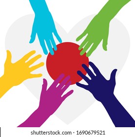 Care and charity concept - hands on the Japan Flag Heart. Patriotic concept. People raising their hands to become volunteers. The concept of big problems because of the coronavirus pandemic.