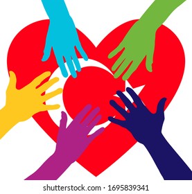 Care and charity concept - hands on the Turkey Flag Heart. Patriotic concept. People raising their hands to become volunteers.