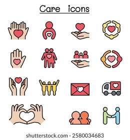 Care, Charity, Kindness icon set in color line style