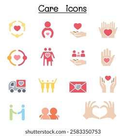 Care, Charity, Kindness icon set in flat color style