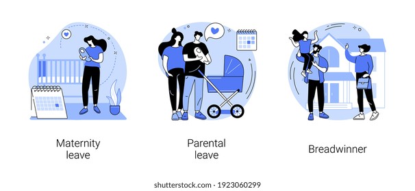 Care for children and family abstract concept vector illustration set. Maternity and parental leave, breadwinner, home office, pregnant woman, newborn child, family needs support abstract metaphor.