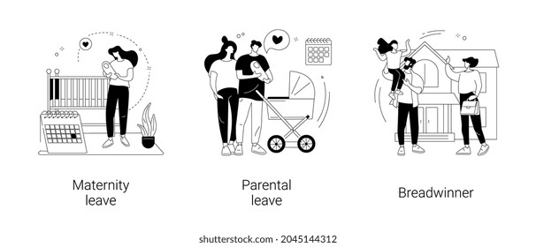 Care for children and family abstract concept vector illustration set. Maternity and parental leave, breadwinner, home office, pregnant woman, newborn child, family needs support abstract metaphor.