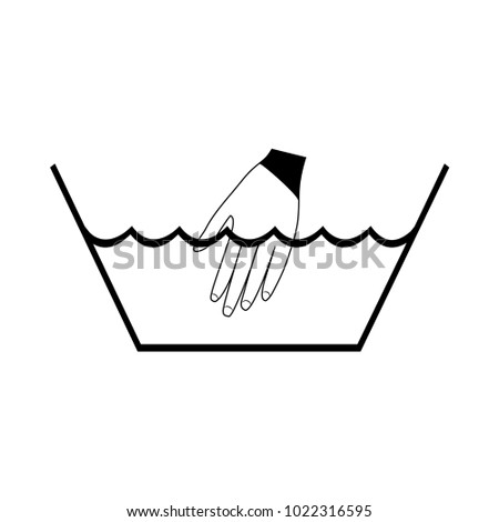 Care of clothes label. Hand wash cold aqua sign. Information for industry. Instruction for man and laundry about washing, dress, bed linen. Monochrome sticker template for prints. Vector illustration