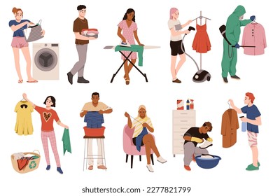 Care clothes people. Cartoon men and women take care of textile fashionable things, repair and washing, ironing and darning, cartoon flat illustration, tidy vector contemporary set