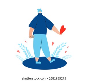 Care concept. Young man holding a heart in his hand. Romantic emotion. Teenage boy standing with love symbol isolated on white background. Valentines Day. Vector illustration.