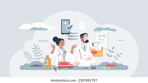 Care coordination and medical health therapy organization tiny person concept. Medicine system with nurse and doctor teamwork for effective patient treatment and complex approach vector illustration.