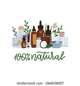 Care cosmetic standing on shelf with green branches decor. Tubes of lotion, oil, cream, scrub, serum. Concept of organic natural cosmetics. Flat vector illustration, plants, leaves