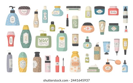 Care cosmetics. Different bottles for beauty woman skin care recent vector illustrations of cosmetic bottles