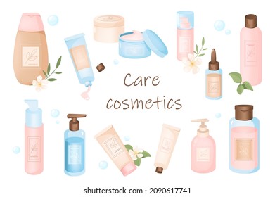 Care cosmetics elements isolated set. Bundle of bottles, jars and tubes with creams, lotions, soap, shampoo, scrub and other products for face and body skin. Vector illustration in flat cartoon design