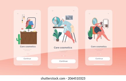 Plantilla de pantalla de la página de aplicaciones móviles de Care Cosmetics. Personajes Femeninos Jóvenes En Los Procedimientos De Higiene Materna Tomando Baño O Ducha, Concepto De Rutina Diaria Femenina. Ilustración de vectores de personas de caricatura