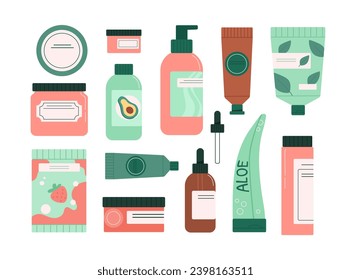 Care cosmetics set. Bottles and cream packages. Skin and face care, moistruizer. Beauty procedures. Aesthetics and elegance. Cartoon flat vector collection isolated on white background