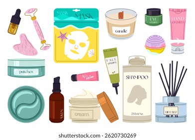 Cosméticos de cuidado en Diseño gráfico plano. Colección Elementos aislados de la botella del suero, piedra y rodillo del masaje, máscara facial, vela del aroma, crema, bomba del baño, loción de la piel, otro. Ilustración vectorial.