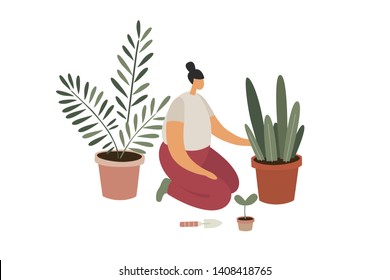 Care and cultivation of indoor plants. The girl prepares the sprouts for transplanting. Indoor floriculture. Trendy flat vector illustration.