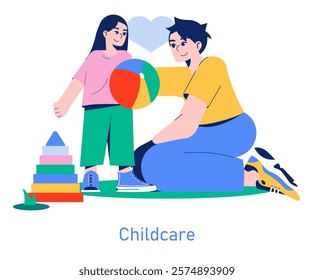 Care Day concept. Adult and child engaging in playful interaction with a ball. Nurturing family bonds through joyful activities. Vector illustration.