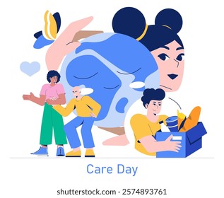 Care Day concept. Illustration of diverse people sharing love and support, embracing community spirit. Nurturing social bonds, compassion in action. Vector illustration.