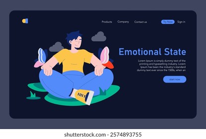 Care Day concept. Illustration of a relaxed man meditating on a web page interface promoting emotional well-being. Mindfulness and self-care theme. Vector illustration.