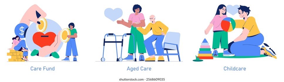 Care Day concept set. Diverse generations receiving support for health, finance, and growth. Community welfare and family assistance illustrated. Vector illustration.