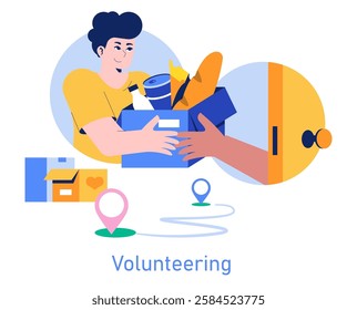 Care Day concept. Smiling volunteer donates essential goods, representing community support and kindness. Involvement in local charity activities. Vector illustration.