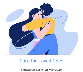 Care Day concept. Two individuals embracing in a comforting hug. Affectionate interaction and emotional support. Vector illustration.