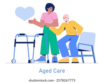 Care Day concept. Young caregiver assisting elderly man with walker, demonstrating compassion and support. Intergenerational assistance and elderly care theme. Vector illustration.