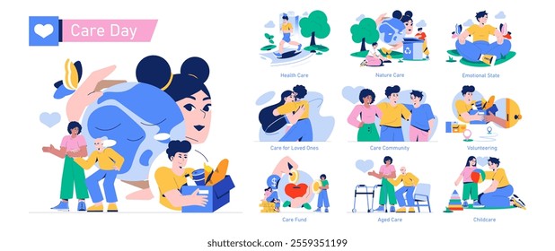 Care Day set. Highlighting diverse expressions of care across health, nature, community, and family life. Celebrating acts of kindness and support. Vector illustration.