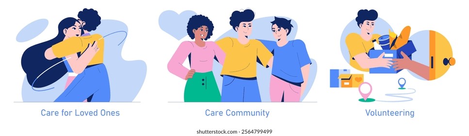 Care Day set. Illustrations depict affection with a hug, community bonding, and selfless charity work. Embracing empathy, togetherness, and altruism. Vector illustration.