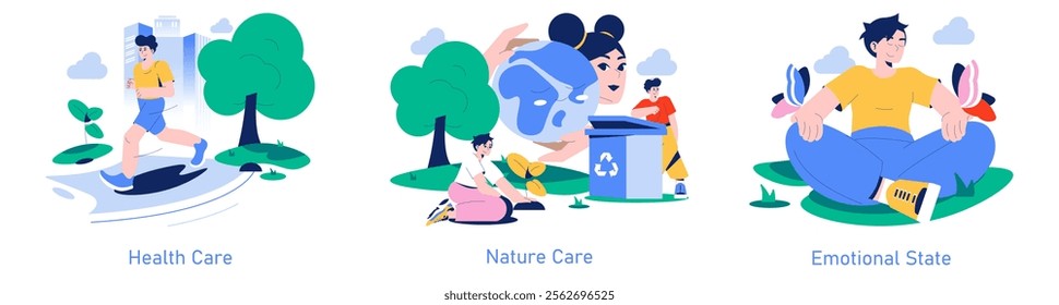 Care Day set. Portraying well-being through health, environmental responsibility, and emotional balance. Illustrates self-care, nature preservation, and serenity. Vector illustration.