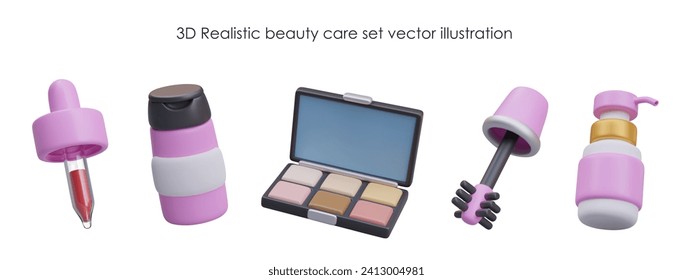 Care and decorative cosmetics. 3D dropper cap, plastic bottle, eyeshadow palette, mascara brush, perfume. Daily care and makeup. Illustrations for women stores