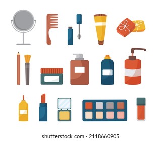 Care and decorative cosmetics set. Stickers with cosmetics tubes, comb, lipstick, mirror, powder and eye shadow. Design elements for web. Cartoon flat vector collection isolated on white background