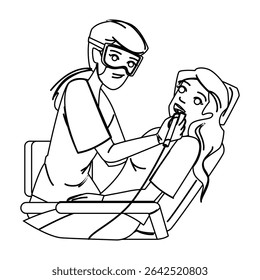 care dental hygienist teeth vector. clinic visit, doctor woman, hospital orthodontic care dental hygienist teeth character. people black line pencil drawing illustration