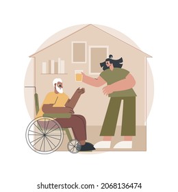 Care of the disabled abstract concept vector illustration. Disability care, downs syndrome, senior on wheelchair, help for old people, professional home nursing services abstract metaphor.