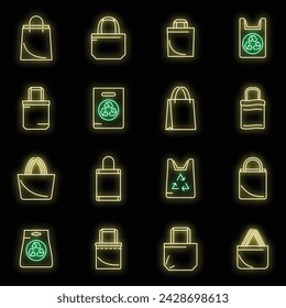 Care eco bag icons set. Outline set of care eco bag vector icons neon color on black