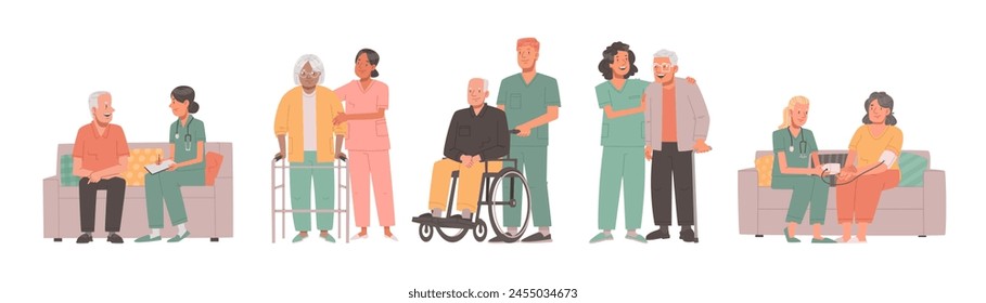 Pflege für ältere Menschen. Krankenschwestern helfen und pflegen die Gesundheit älterer Männer und Frauen in einem Pflegeheim oder Krankenhaus. Vektorillustration im flachen Stil