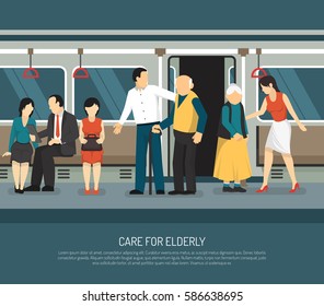 Care for elderly scene in subway car  with young man and woman helping old passengers vector illustration   