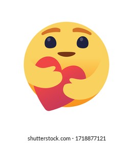 Care emoji with large big eyes hugging a heart with both hands. Symbol of care and support, show love for loved ones who are a long distance.