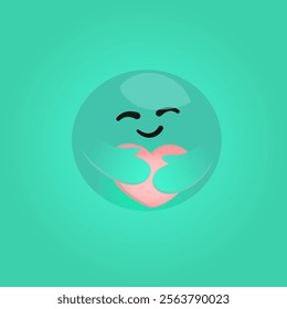 Care emoji - Turquoise face emoticon with closed eyes hugging a pink heart with both hands showing care, support, and presence