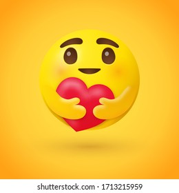 Emoji de cuidado - emoticon de rosto amarelo com grandes olhos brilhantes abertos abraçando um coração vermelho com as duas mãos mostrando cuidado, apoio e presença